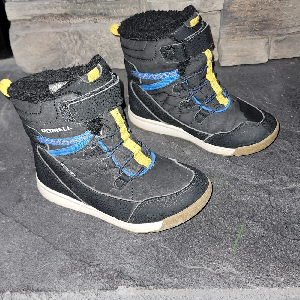 Merrell Kids Black and Yellow Boots with Blue Accents